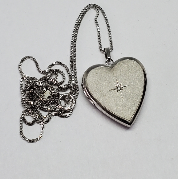 SOLD Sterling Silver Heart Locket Matte Diamond Accent Necklace - Picture 2 of 8